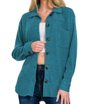Brushed rib collared neck button front shacket