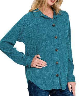 Brushed rib collared neck button front shacket