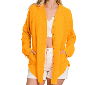 Gauze button down raw edge shirt
