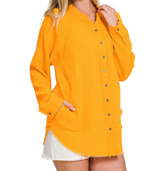 Gauze button down raw edge shirt