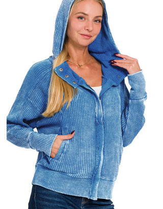 Acid wash waffle hooded zip-up jacket