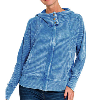 Acid wash waffle hooded zip-up jacket