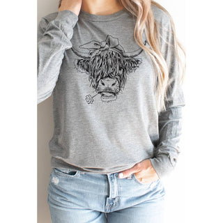 Highland Cow with Cute Bow Western Rustic Long Sleeve Tee