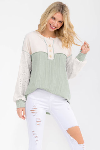 Two Tone Rib Knit Lace Sleeve Henley Top