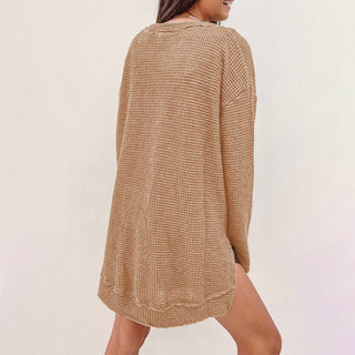 Khaki Waffle Knit High Slits Oversized Top