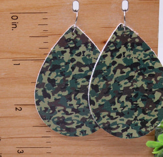 Camo || Faux Leather Teardrop Dangle Earrings || Single-Sided