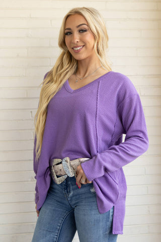 Purple Rib V Neck Long Sleeve Top