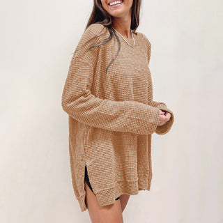 Khaki Waffle Knit High Slits Oversized Top