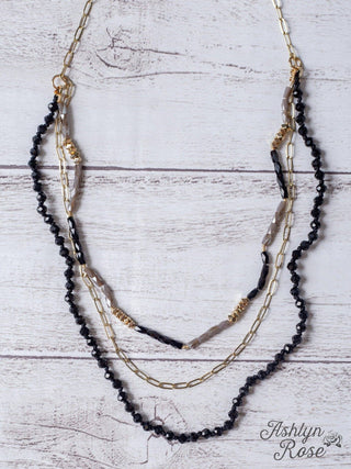 BLACK CRYSTAL LAYERED GOLD LINKED CHAIN NECKLACE