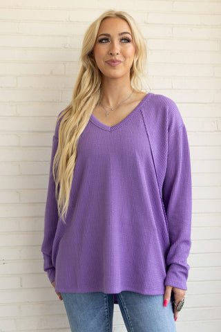 Purple Rib V Neck Long Sleeve Top