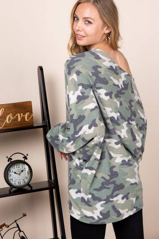 Soft Camo Printed Dolman One Shoulder Top