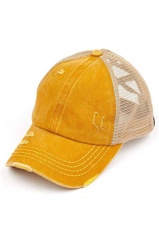C.C Washed Denim with Crossed Elastic Band Mesh Pony Cap