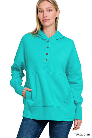 FLEECE HALF-SNAP BUTTON HOODED SWEATSHIRT