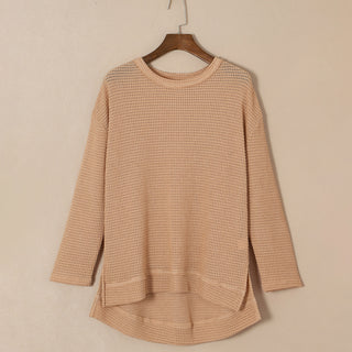 Khaki Waffle Knit High Slits Oversized Top