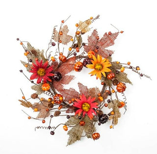 6.5 IN. BURLAP LEAF CANDLE RING WITH PUMPKINS, BERRIES, PINE