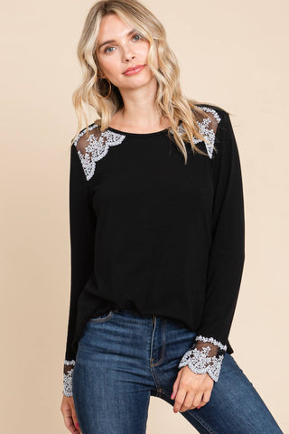 Round-Neck Lace Accent Casual Top
