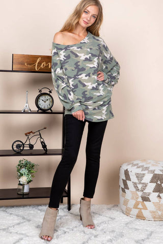 Soft Camo Printed Dolman One Shoulder Top