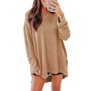 Khaki Waffle Knit High Slits Oversized Top