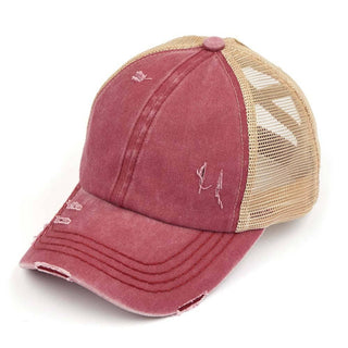 C.C Washed Denim with Crossed Elastic Band Mesh Pony Cap