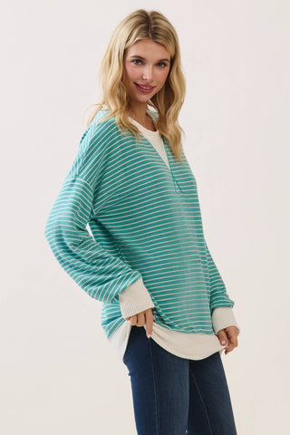 Teal Striped Drop Shoulder Pullover