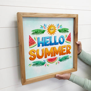 Hello Summer Fun Colorful Mantel Sign with Natural Frame
