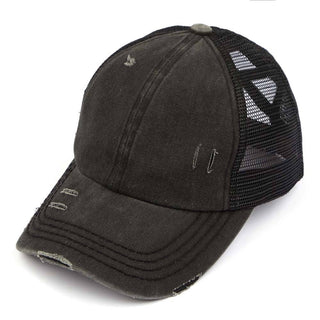 C.C Washed Denim with Crossed Elastic Band Mesh Pony Cap