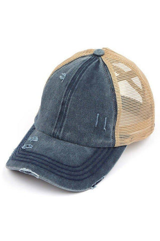 C.C Washed Denim with Crossed Elastic Band Mesh Pony Cap