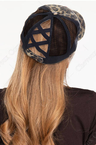 C.C Washed Denim with Crossed Elastic Band Mesh Pony Cap