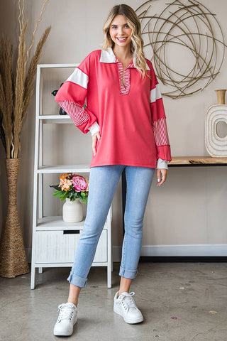 Color Block Collar V Slit Oversized Long Sleeve Top