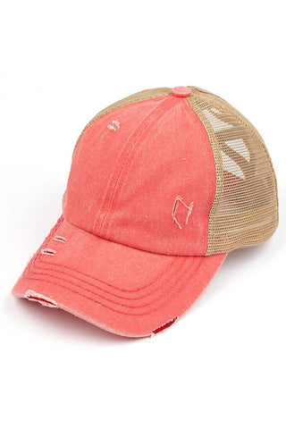 C.C Washed Denim with Crossed Elastic Band Mesh Pony Cap