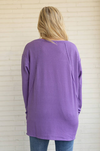 Purple Rib V Neck Long Sleeve Top