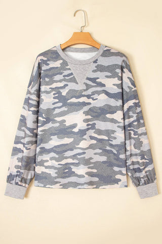 Multicolour Camouflage Long Sleeve Round Neck Shift Pullover Top