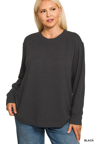 Plus Raised Rib Round Neck Long Sleeve Top