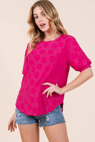 Fuchsia Daisy Embroidered Puff Sleeve Top