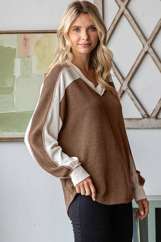 Color Block Ribbed V-Neck Top