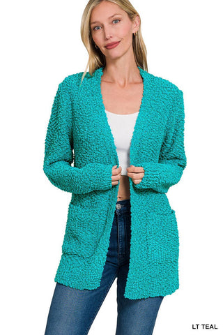 Long Sleeve Popcorn Sweater Cardigan With Pockets