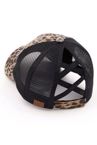 C.C Washed Denim with Crossed Elastic Band Mesh Pony Cap