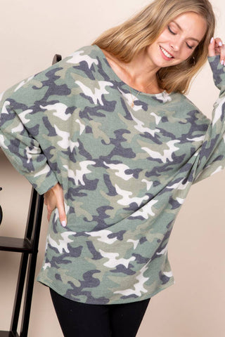 Soft Camo Printed Dolman One Shoulder Top