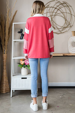 Color Block Collar V Slit Oversized Long Sleeve Top