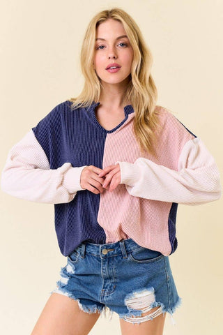 My Other Half - Navy/Peach - Ribbed Top