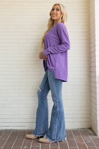 Purple Rib V Neck Long Sleeve Top
