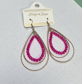 Gold Teardrop Pink Crystal Beaded Hoop Earrings