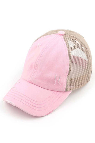 C.C Washed Denim with Crossed Elastic Band Mesh Pony Cap