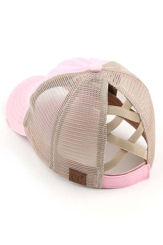 C.C Washed Denim with Crossed Elastic Band Mesh Pony Cap
