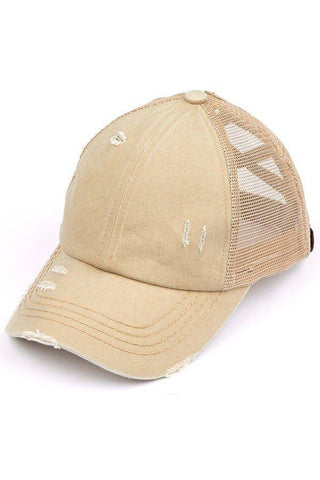 C.C Washed Denim with Crossed Elastic Band Mesh Pony Cap