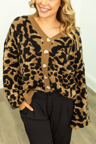 Cropped Cardigan Sweater, Leopard