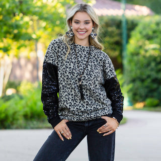 Leopard Sweater with Black Sequin Sleeves