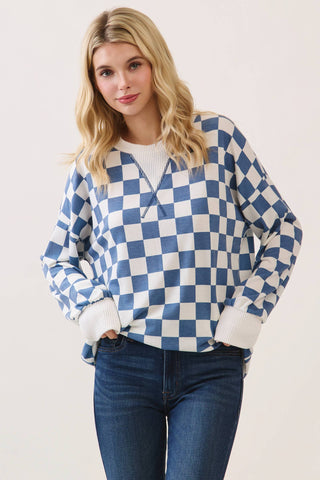 Checkered Print Drop Shoulder Pullover Top