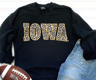 Leopard Gold Iowa Block Letters Black Sweatshirt