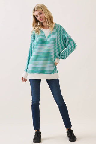 Teal Striped Drop Shoulder Pullover